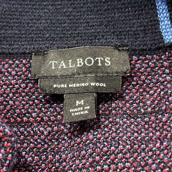Talbots Sweater Cardigan Womens Medium Merino Wool Plaid Navy Red Career Office - Picture 2 of 5